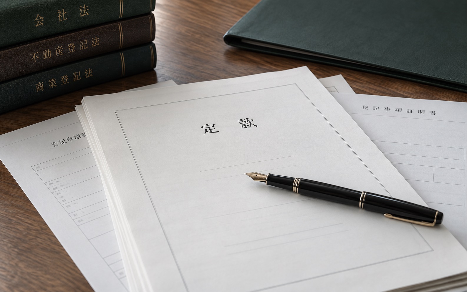 会社法・商業登記法などの書籍と定款、万年筆が置かれたデスク