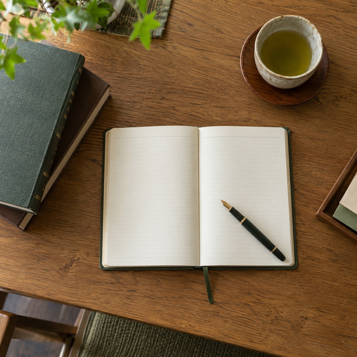 お茶とノート、書籍が置かれた木製テーブル