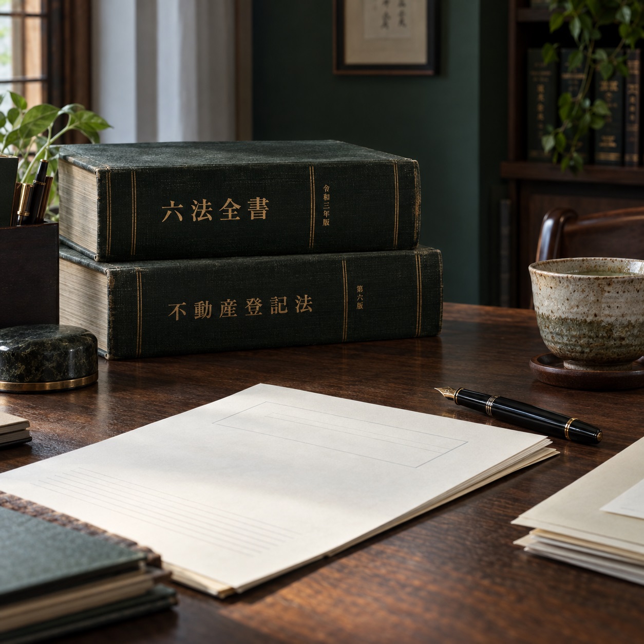 六法全書と不動産登記法の本が積まれた書斎のデスク